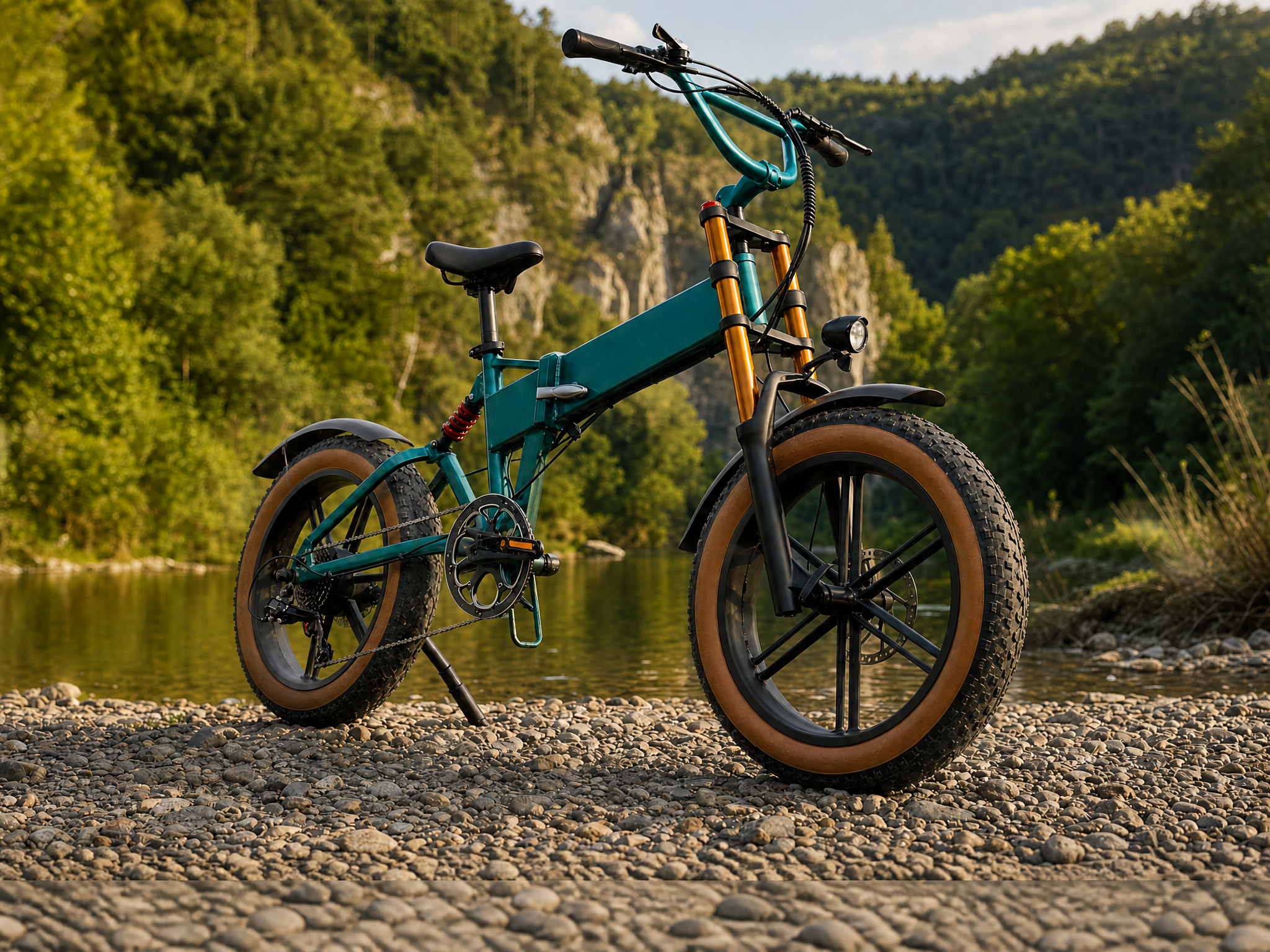 Fiido M1 Pro e-bike met dikke banden aan de oever van de Ourthe