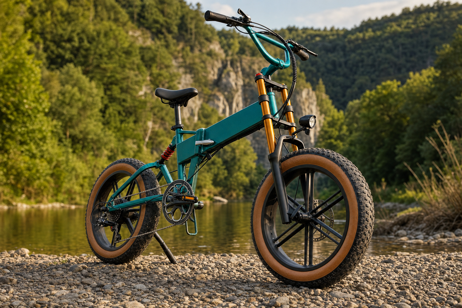 Fiido M1 Pro e-bike met dikke banden aan de oever van de Ourthe