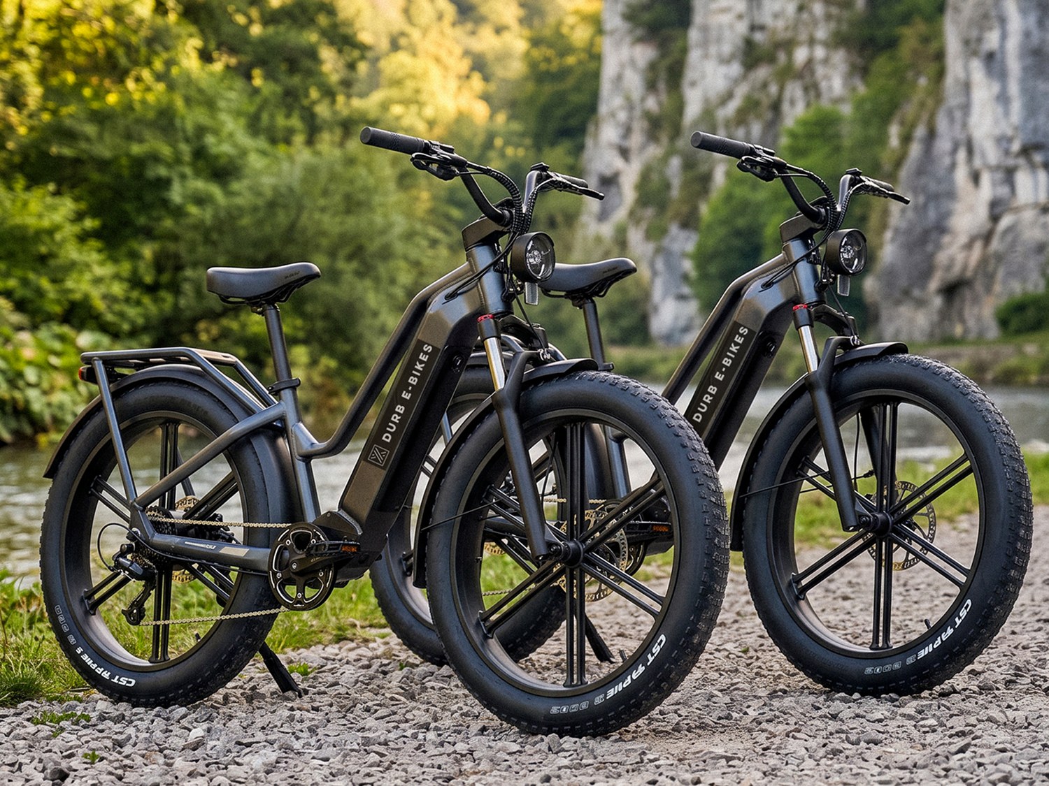 Twee Fiido Titan e-bikes met DURB E-BIKES logo bij de rotsen langs de Ourthe