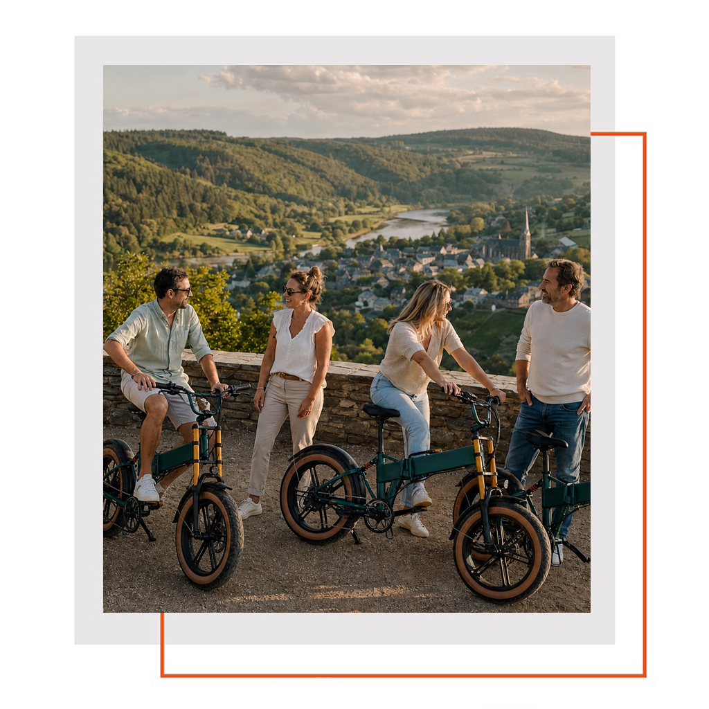 Groep vrienden met Fiido e-bikes met uitzicht op Durbuy