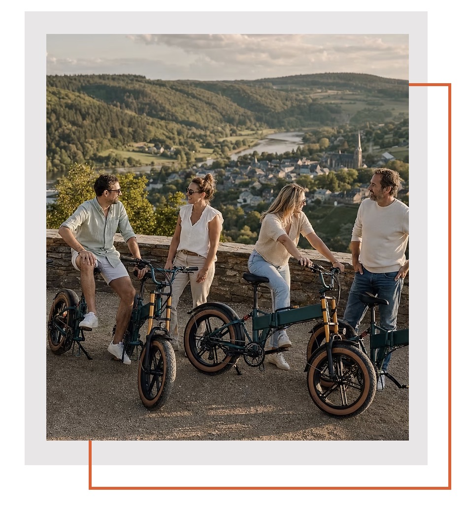 Groep vrienden met Fiido e-bikes met uitzicht op Durbuy