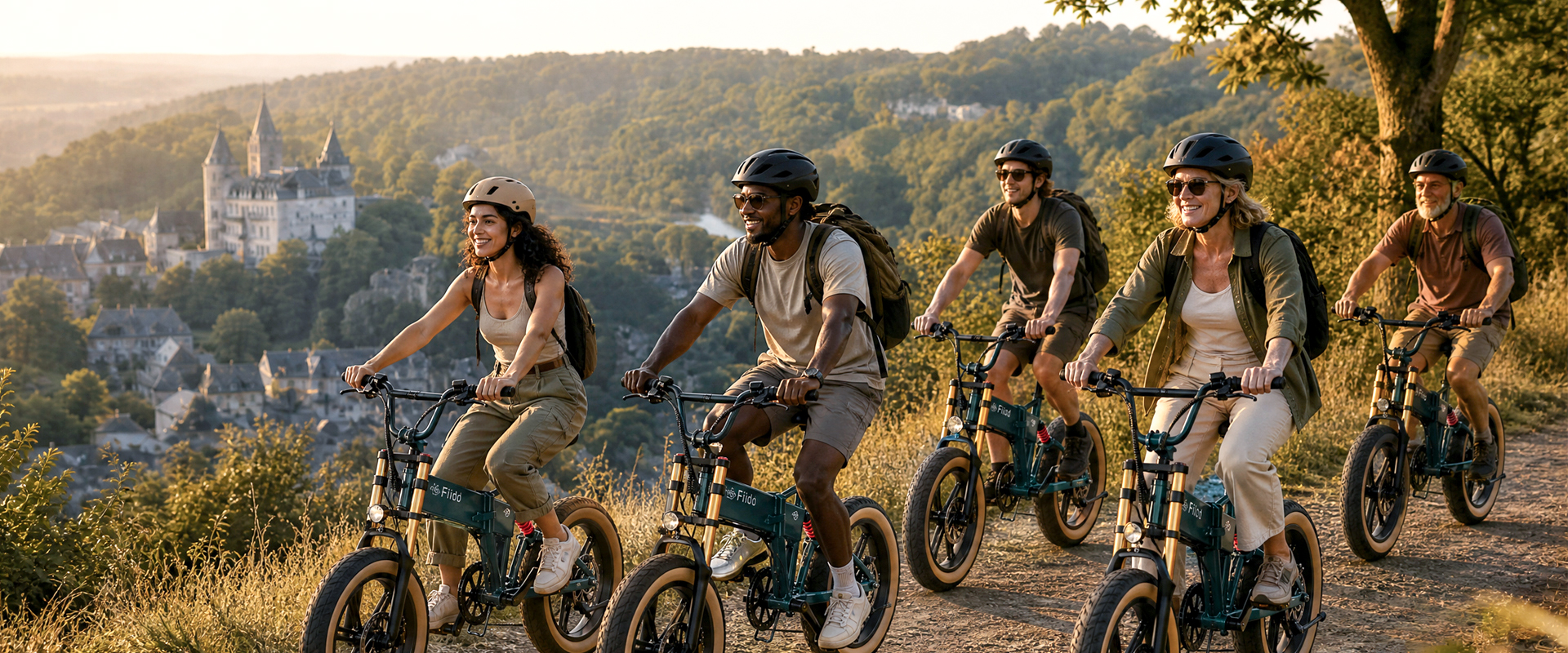 Groep fietsers op Fiido e-bikes met uitzicht op Durbuy in de Ardennen