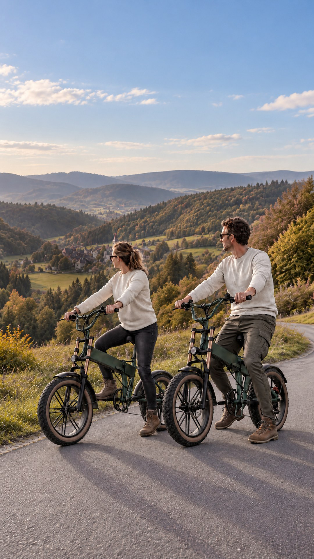 Koppel op Fiido Pro e-bikes met uitzicht over een Ardens dorp in herfstlicht