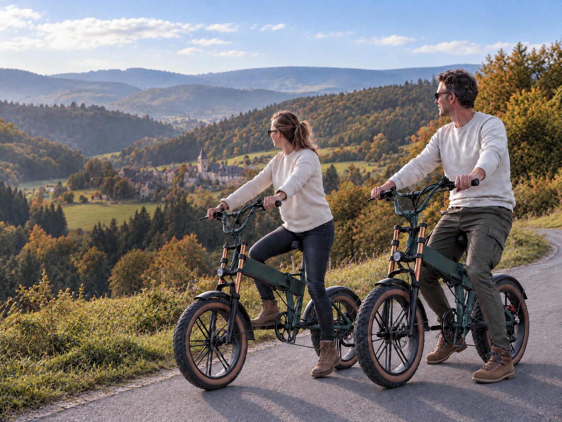 Koppel op Fiido Pro e-bikes met uitzicht over een Ardens dorp in herfstlicht