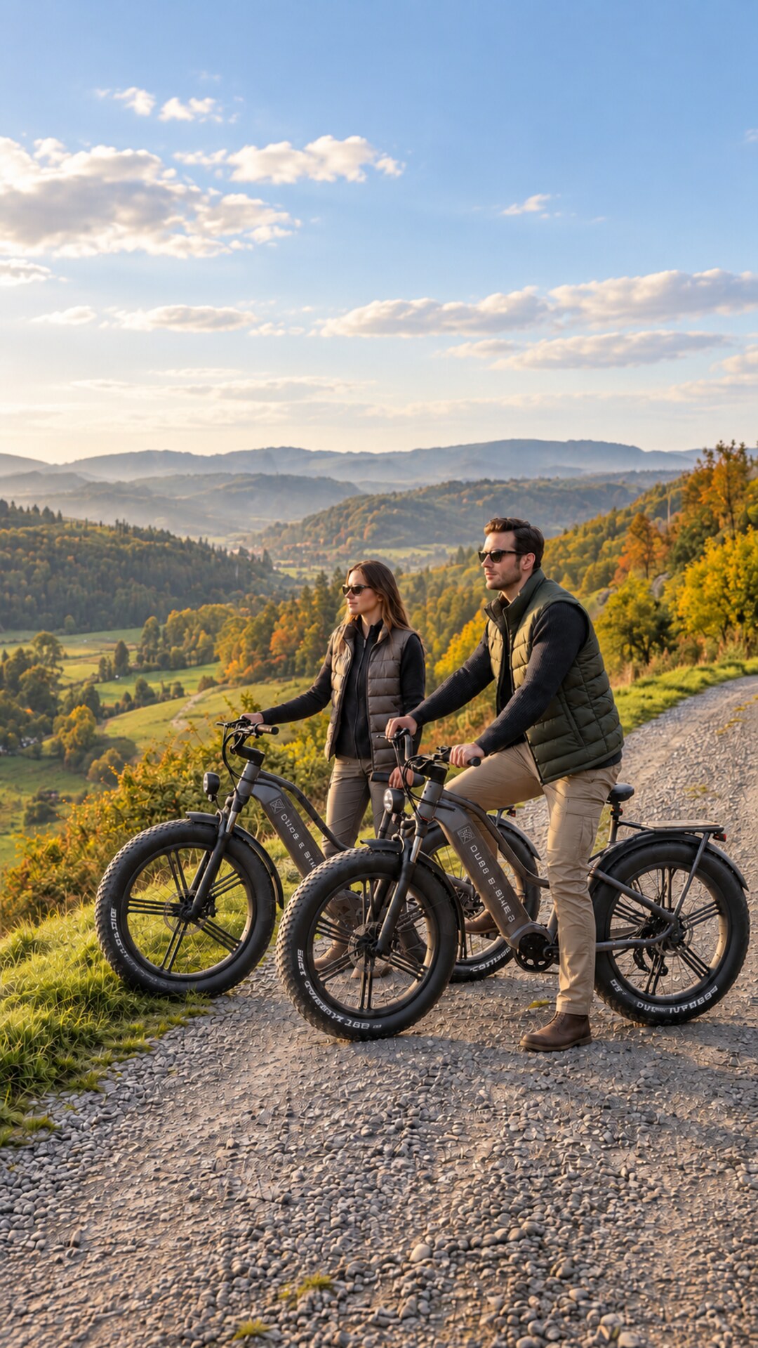 Koppel op Fiido Titan fatbike e-bikes met DURB E-BIKES logo op een grindpad met uitzicht over de Ardennen in herfstlicht