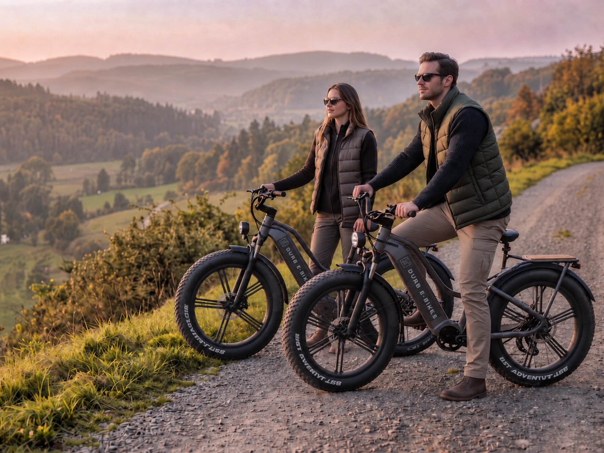 Koppel op Fiido Titan fatbike e-bikes met DURB E-BIKES logo op een grindpad met uitzicht over de Ardennen in herfstlicht