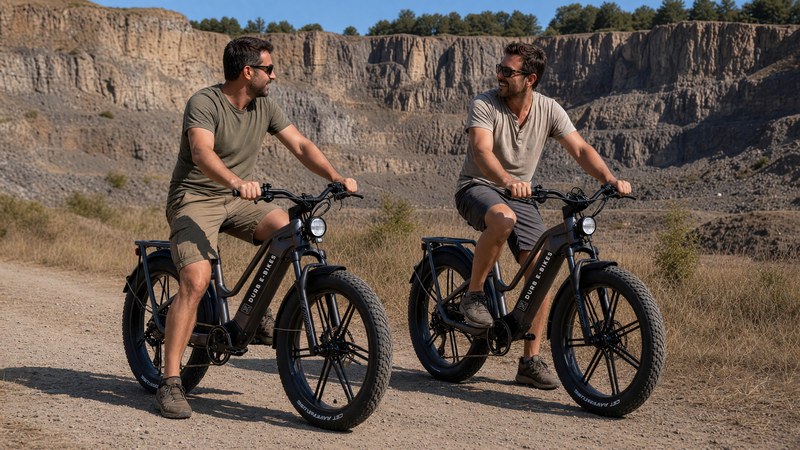 Twee mannen op Fiido Titan e-bikes bij de steengroeve in Durbuy