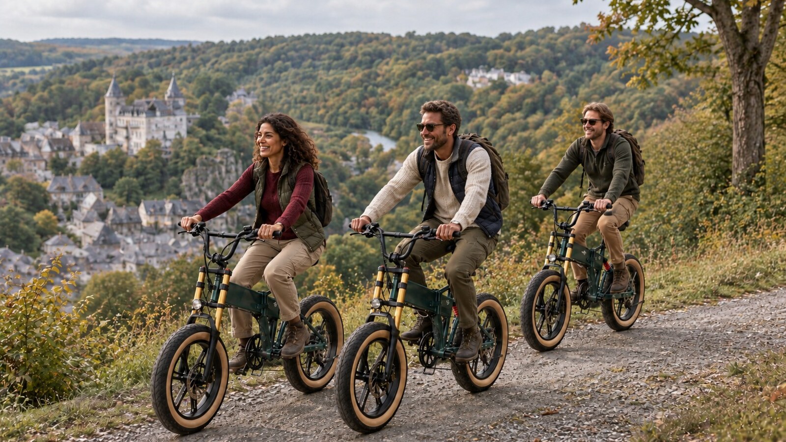 Groep fietsers op Fiido Pro e-bikes met kasteel op de achtergrond in herfstsfeer in de Ardennen