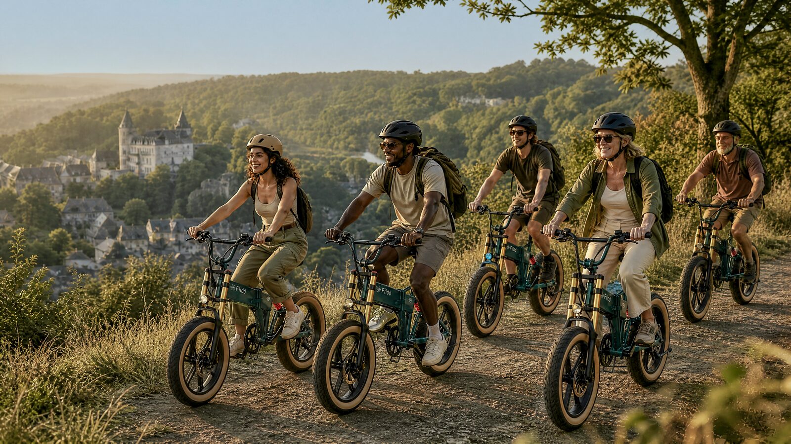 Groep fietsers op e-bikes met kasteel op de achtergrond in de Ardennen