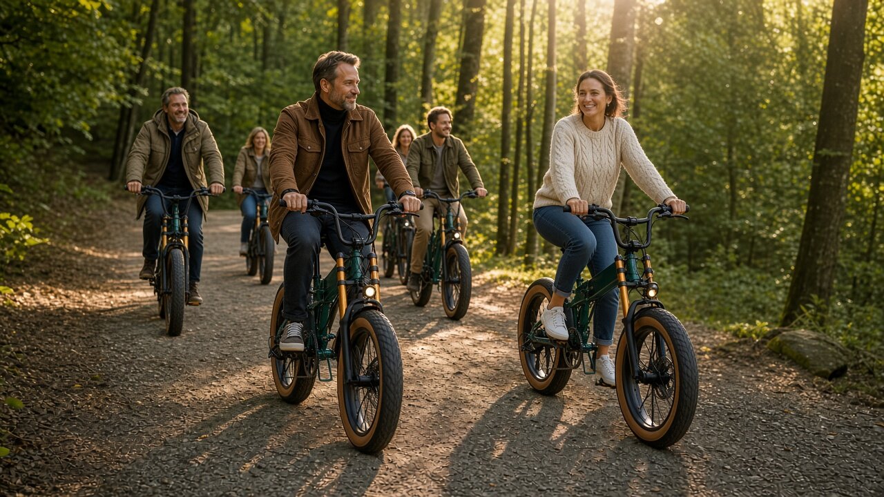 Groep fietsers op Pro e-bikes op een herfstig bospad in de Ardennen bij Durbuy