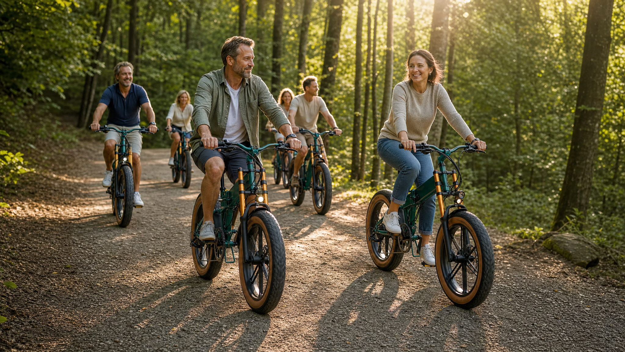 Groep vrienden fietst op e-bikes door een zonnig bospad in de Ardennen