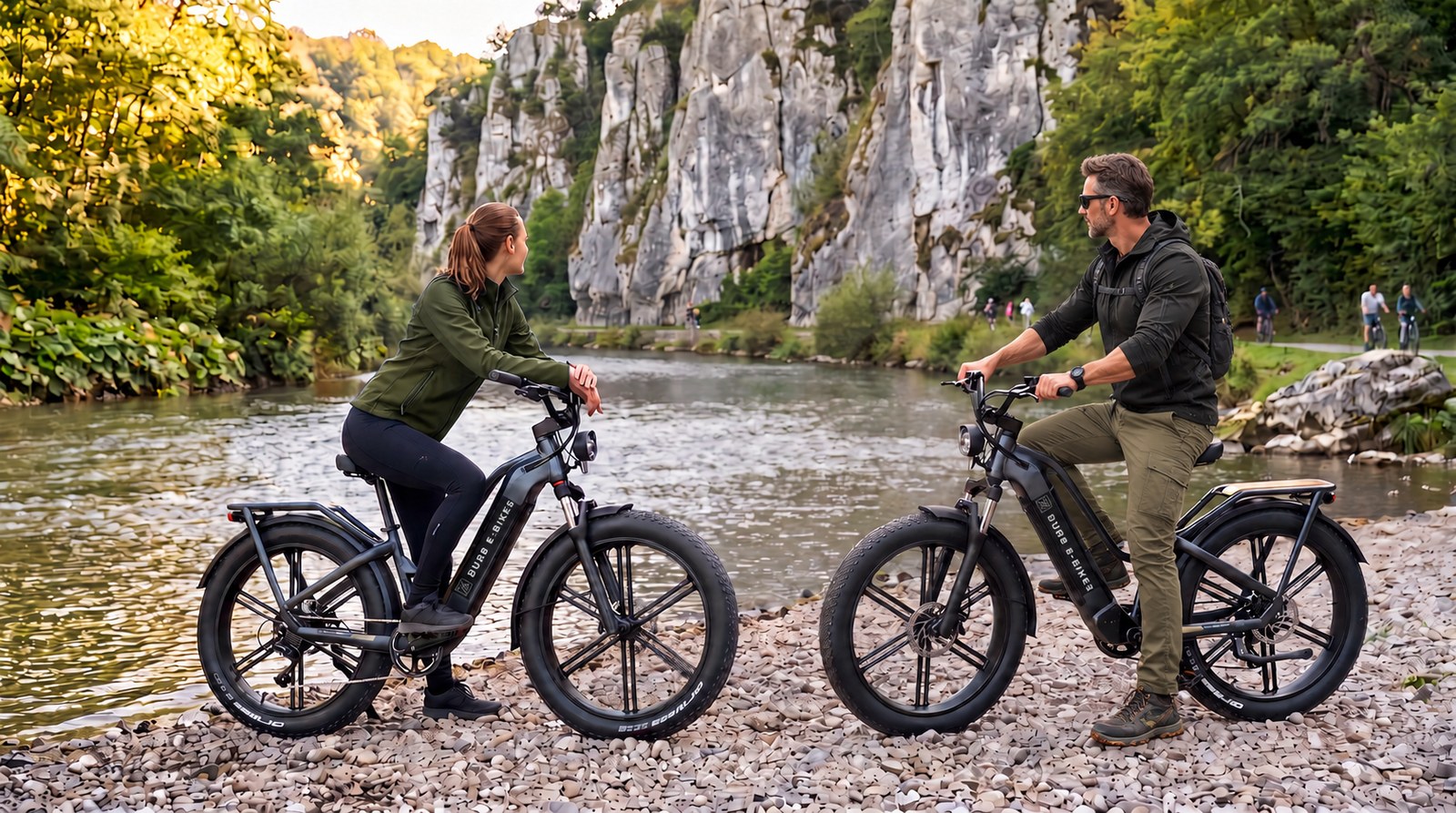 Twee fietsers met Fiido Titan e-bikes bij de rotsen en rivier in de Ardennen