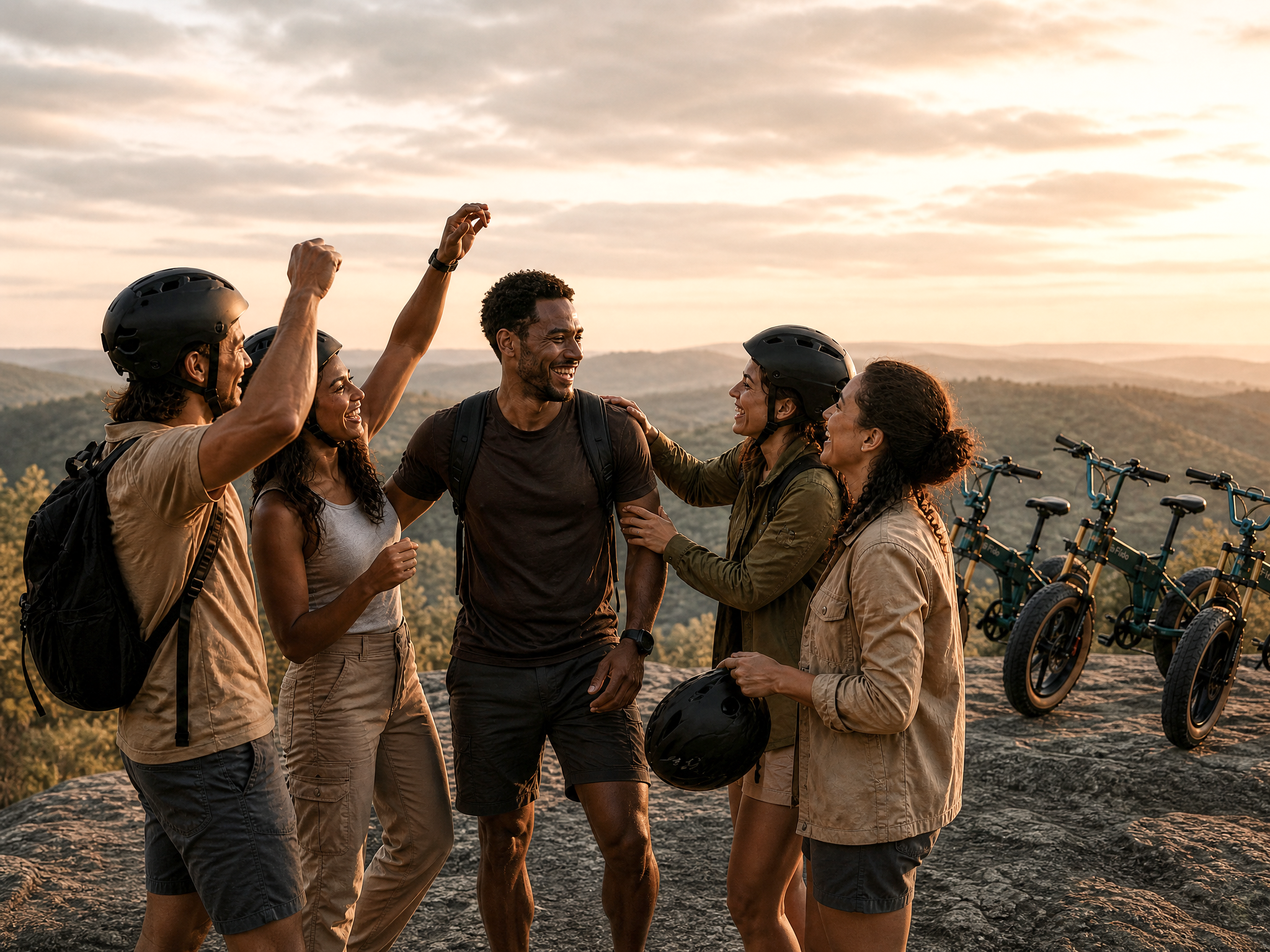 Vriendengroep viert vrijgezellenfeest met e-bikes op een rotsplateau in de Ardennen bij zonsondergang